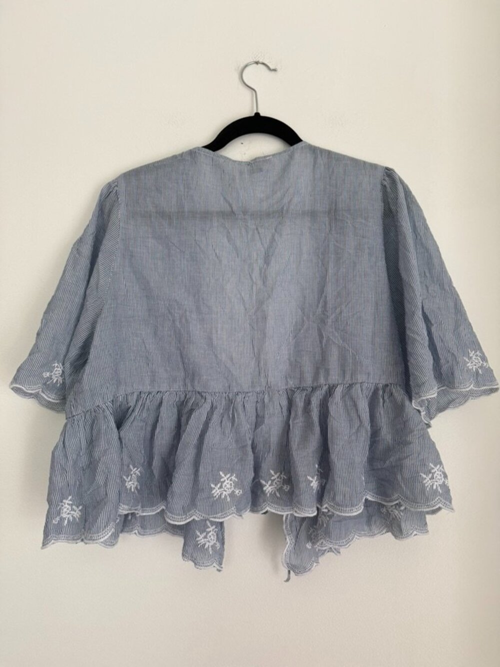 American Eagle Blue White Striped Embroidered Boho Peplum Babydoll Top Size XL - Picture 8 of 9